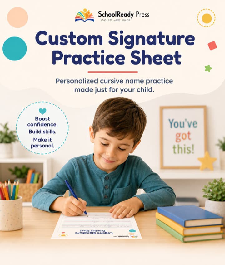 Custom signature practice sheet example with a child writing at a desk