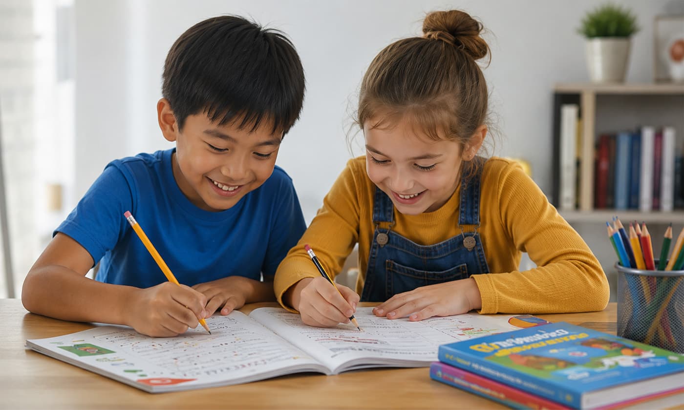 Two children practicing with educational workbooks